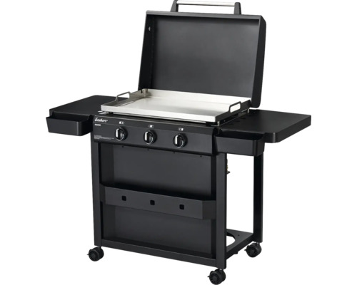 Schwarzer Gasgrill mit drei Brennern, Ablageflächen und Rollen für den einfachen Transport.