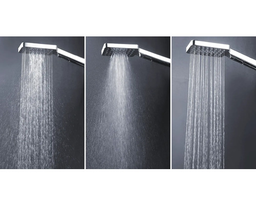 Drei Bilder eines Duschkopfs mit verschiedenen Strahlarten.