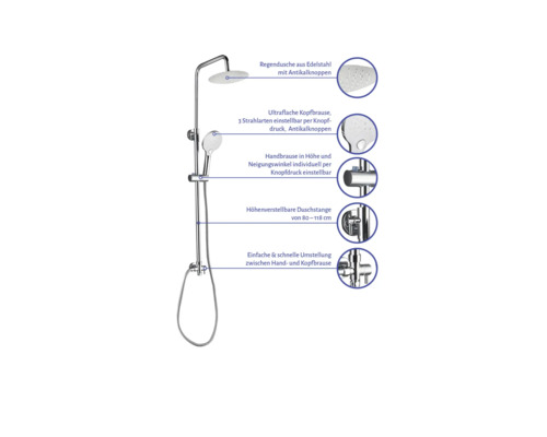 Duschsäule mit Kopfbrause, Handbrause und Brausestange aus Edelstahl