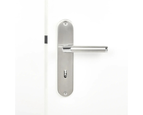 Edelstahl-Türgriff mit Langschild an einer Tür