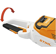 Stihl Logo. Heckenschere mit drehbarem Griff, dargestellt durch einen roten Pfeil.