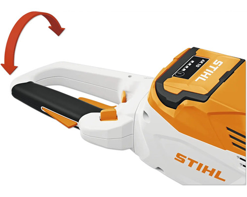 Stihl Logo. Heckenschere mit drehbarem Griff, dargestellt durch einen roten Pfeil.