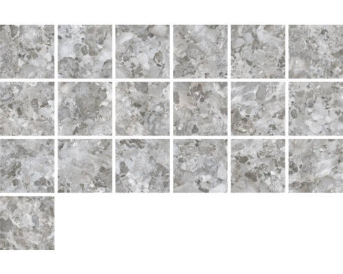 Mehrere graue Bodenfliesen mit Marmordesign.