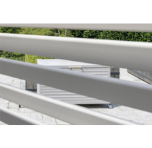 Gartenszene mit einer Aufbewahrungsbox auf Rädern hinter einer Sichtschutzwand