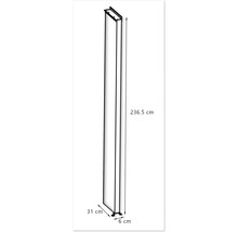 Abgebildet ist ein 236,5 cm hohes, 31 cm breites und 6 cm tiefes Regal.