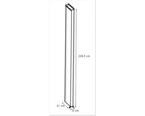 Abgebildet ist ein 236,5 cm hohes, 31 cm breites und 6 cm tiefes Regal.