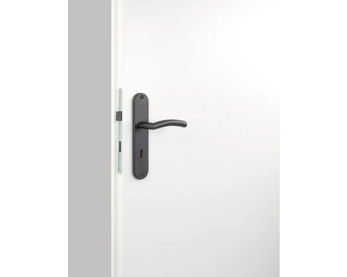 Schwarze Langschildgarnitur mit Türdrücker an einer Tür