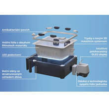 Explosionsdarstellung eines Whirlpools mit Hinweisen zu antibakterieller Oberfläche, Rhinotech-Innenfolie, LED-Beleuchtung, 3D-Massagedüsen, OLED-Display, Holzstrukturseiten und Steuerungseinheit.
