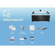 Lieferumfang eines Whirlpools mit Filterkartuschen, Filtergehäuse, aufblasbarer Abdeckung, oberer Abdeckung, Unterlage, LED-Beleuchtung und kleinem Schwimmer