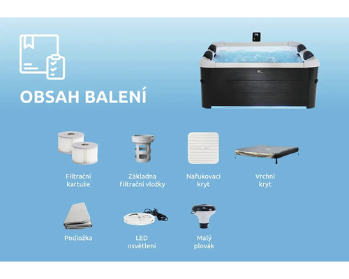 Lieferumfang eines Whirlpools mit Filterkartuschen, Filtergehäuse, aufblasbarer Abdeckung, oberer Abdeckung, Unterlage, LED-Beleuchtung und kleinem Schwimmer