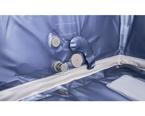 Innenansicht eines aufblasbaren Whirlpools mit Filtern und Füllstandsanzeigen.