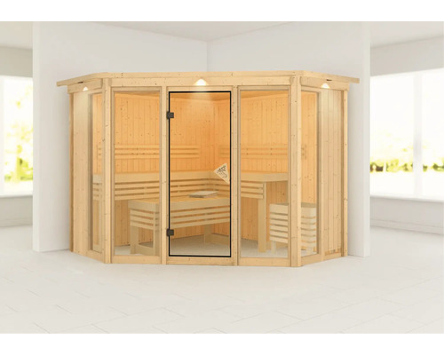 Ecksauna mit Glastür und Holzbänken im Innenraum.