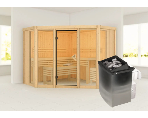 Sauna mit Saunaofen in einem hellen Raum.