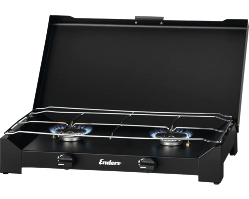 Schwarzer Doppelgaskocher mit Kochfeld