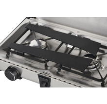 Doppelgaskocher aus Edelstahl mit Topfaufsatz