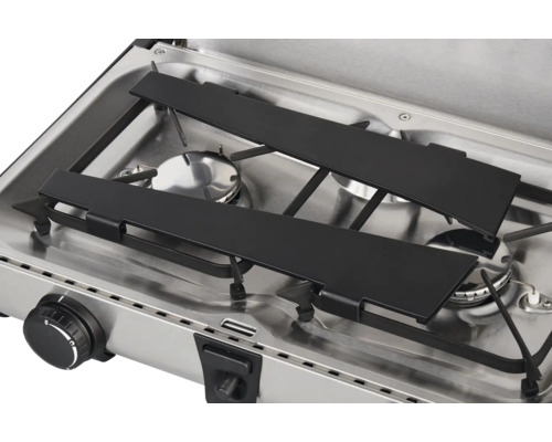 Doppelgaskocher aus Edelstahl mit Topfaufsatz