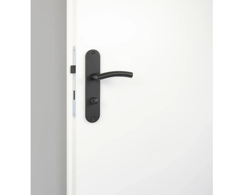 Schwarze Innentürgarnitur mit Drücker auf weißer Tür
