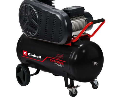 Ein schwarzer Einhell Kompressor mit Rädern und rotem Griff