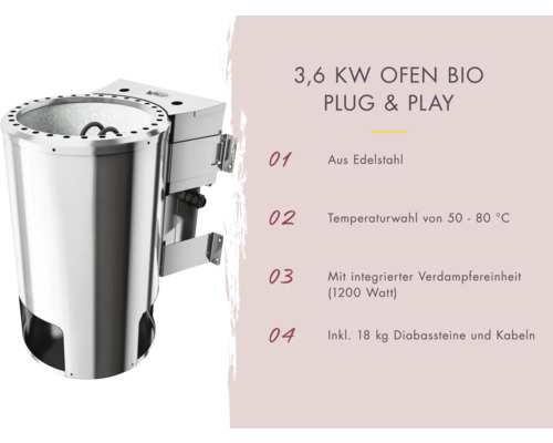 Saunaofen mit 3,6 Kilowatt Leistung aus Edelstahl