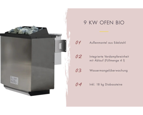 9 Kilowatt Saunaofen Bio mit Außenmantel aus Edelstahl, integrierter Verdampfereinheit und 18 Kilogramm Diabassteinen