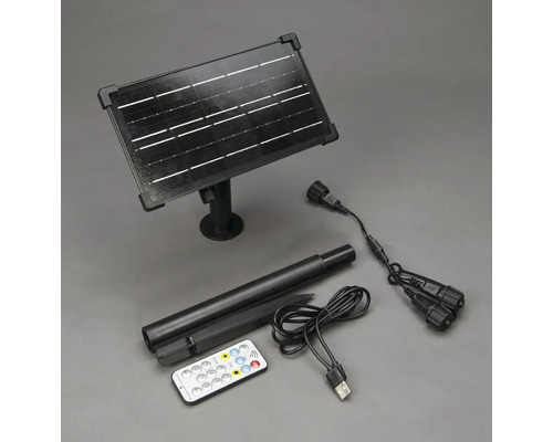 Solarpanel, Erdspieß, Kabel und Fernbedienung