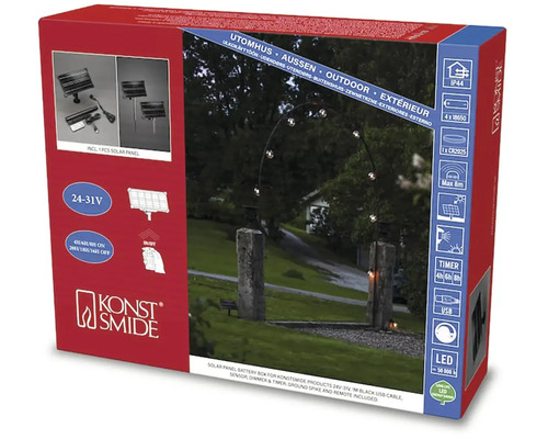 Verpackung für Konstsmide Solarpanel mit Batterie für Produkte 24-31V inklusive USB-Kabel, Sensor, Dimmer, Zeitschaltuhr, Erdspieß und Fernbedienung