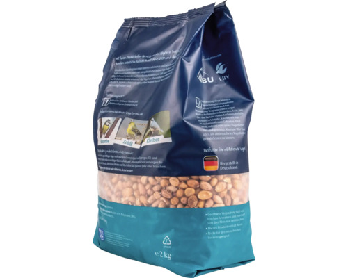 Zwei Kilogramm Packung Vogelfutter mit Erdnüssen