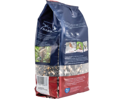 Packung Vogelfutter mit Sonnenblumenkernen und Getreide