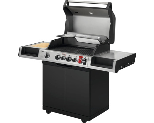 Gasgrill mit offenem Deckel, Seitenablagen und Unterschrank