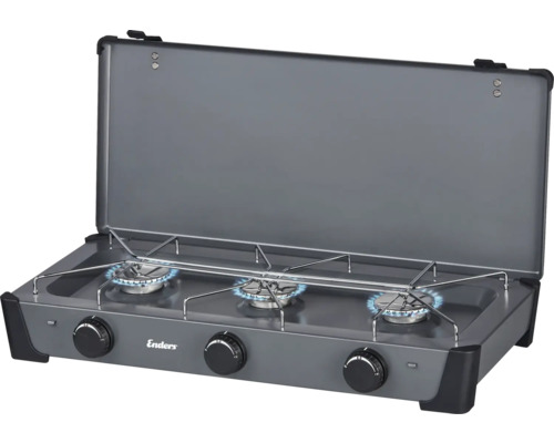 Enders Gaskocher mit drei Brennern und geöffnetem Deckel.