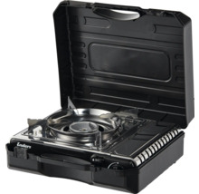 Tragbarer Gaskocher mit geöffnetem Deckel