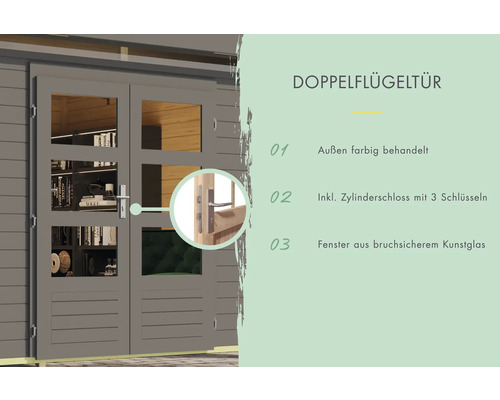 Doppelflügeltür mit farbiger Behandlung, Zylinderschloss und bruchsicherem Kunstglas