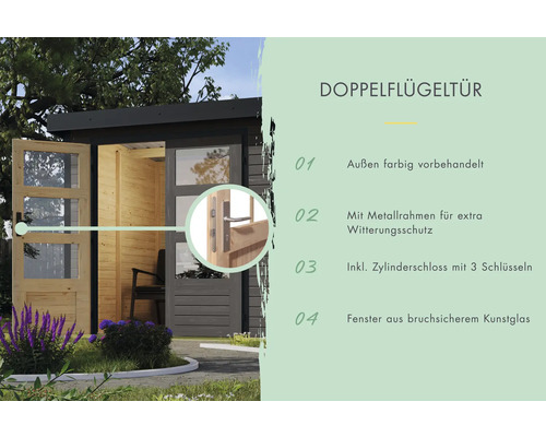 Doppelflügeltür mit Metallrahmen, Zylinderschloss und Fenstern aus Kunstglas