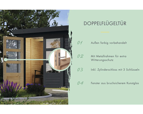 Doppelflügeltür mit Metallrahmen, Zylinderschloss und Fenstern aus Kunstglas