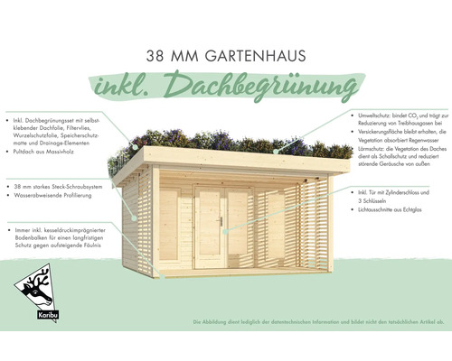 38 mm Gartenhaus mit Dachbegrünung und Pultdach aus Massivholz