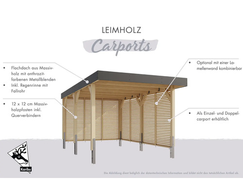 Leimholz Carport mit Flachdach aus Massivholz, anthrazitfarbenen Metallblenden, Regenrinne mit Fallrohr, 12 x 12 cm Massivholzpfosten und optionaler Lamellenwand