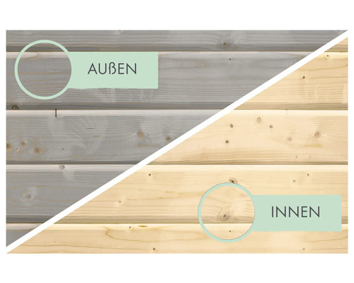 Holzfassade mit Farbunterschied zwischen Außen- und Innenbereich