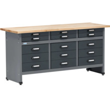 Werkbank mit Schubladen und einer Arbeitsplatte aus Holz.