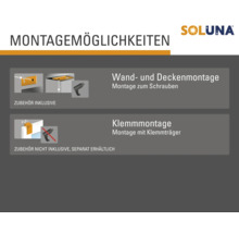 "Montageoptionen für Wand und Decke mit Schrauben sowie Klippmontage mit Klippträger