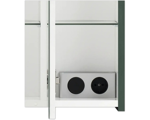 Innenansicht eines Spiegelschrankes mit zwei Steckdosen