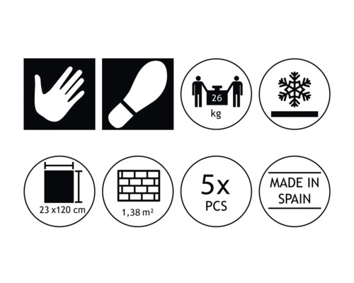 Symbole und Siegel: Hand, Schuhabdruck, Gewicht, Frostbeständigkeit, Fliesengröße, Flächenangabe, Stückzahl, Herkunftsland