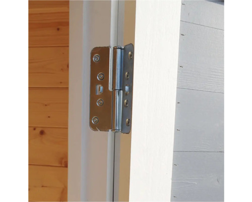 Nahaufnahme eines Türbandes aus Metall an einer Holztür