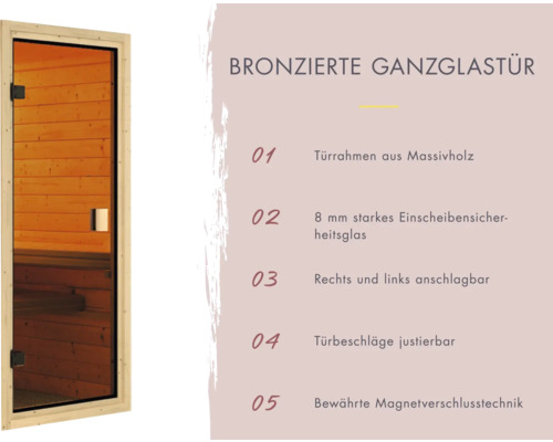 Bronzefarbene Ganzglastür mit Türrahmen aus Massivholz und Sicherheitsglas.