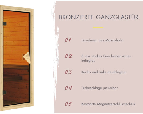 Bronzefarbene Ganzglastür mit Türrahmen aus Massivholz und Sicherheitsglas.