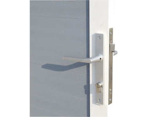 Nahaufnahme einer Tür mit silberfarbenem Türgriff und Schloss