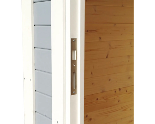 Detailansicht einer Holztür mit einem Türschlosskasten.