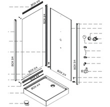 Explosionszeichnung einer Duschkabine mit Duschwanne und Montagezubehör