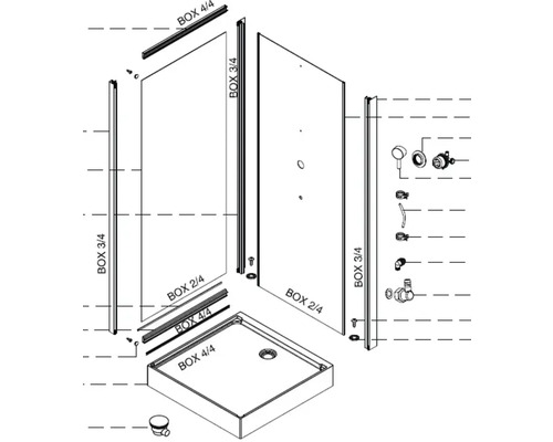 Explosionszeichnung einer Duschkabine mit Duschwanne und Montagezubehör
