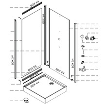 Explosionszeichnung einer Duschkabine mit Duschwanne und Einzelteilen