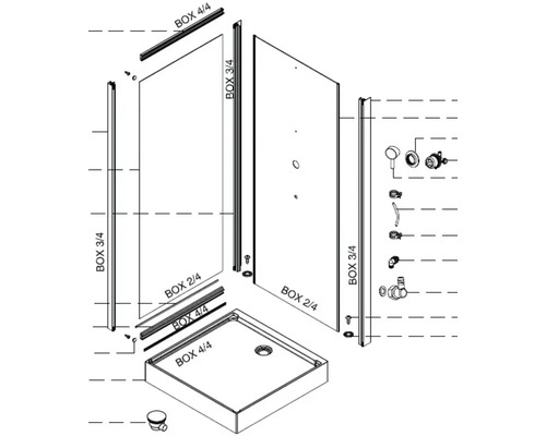 Explosionszeichnung einer Duschkabine mit Duschwanne und Einzelteilen
